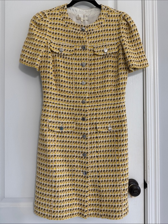 Maje Dresses & Skirts - Textured Yellow Tweed Dress with Button Front